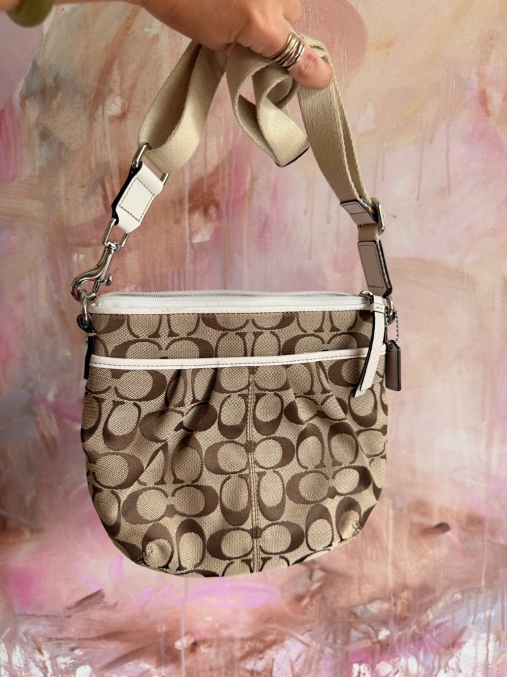 Coach Tan & White Signature Canvas Crossbody Bag